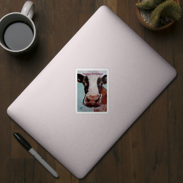 Happy Birthday greeting card featuring cow face by Krusty